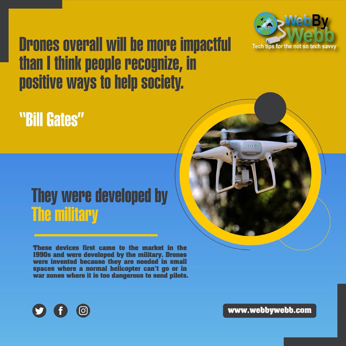 webbywebb5's tweet photo. Drones overall will be more impactful than I think people recognize, in positive ways to help society.

"Bill Gates"
Visit the link below for more…
https://t.co/HSnAy7G9s2
#drone #dronephotography #dronestagram #drones #droneoftheday #fpv #photography #dronelife https://t.co/Ijr1GcMST2