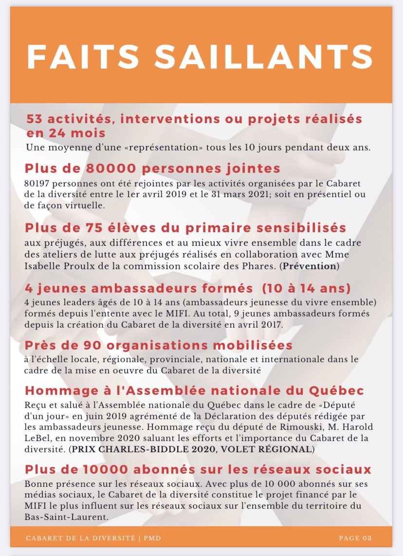 diversitebsl's tweet photo. @diversitebsl est fier de présenter son bilan visant la période du 1er avril 2019 au 31 mars 2021. Grâce à la participation financière du @GouvQc dans le cadre PMD @MIFI_QC.
#diversite #immigrationenregion #vivreenregion #region #immigratiom #inclusion #integration #interculturel https://t.co/9m2CDZTfJY