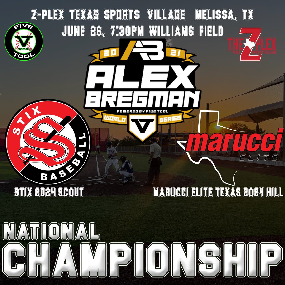 FiveTool's tweet photo. The Championship Games of the @ABREG_1 15U World Series are tonight at @MelissaSports! 

@StixBaseballTX vs. @MarucciEliteTX 

@ntlbaseball vs. @UnitedBC_USA or @TheCanesSW 

#WatchEm #BregmanWS https://t.co/ZZw4GgvzWd