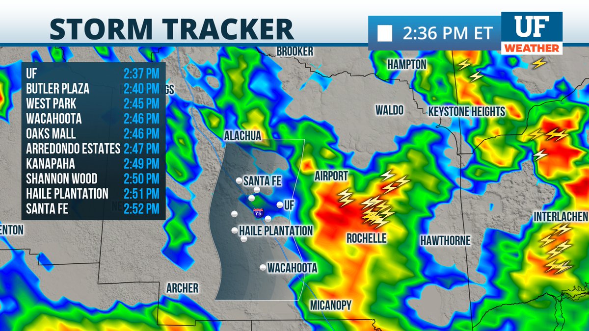 UFWeather's tweet photo. Storms with frequent lightning will be arriving onto #UFCampus within 5-10 minutes. It's time to head inside #flw https://t.co/5UPEkZmiaR