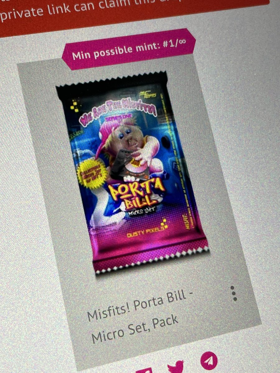 DustyPixels2's tweet photo. Just over an hour until the private drop of the mighty Porta Bill set. Only 1000 packs available and a further 500 via public sale 8 hours later. See telegram channel for the secure drop at 9pm bst tonight https://t.co/LegHF1sTX4      #nftdrop #nftcollector #NFTartist #gpk https://t.co/C2J9X0ORYj