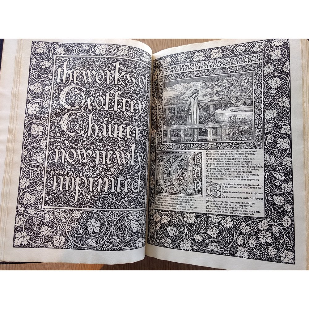 archivalagents's tweet photo. Our reading room remains closed while we move, but our copies of Kelmscott's Chaucer still wanted to join in on today's #KelmscottPressDay fun. Here's to being 125 years young! [LINK] https://t.co/OATnZvYrYj. https://t.co/m4jNq5tF7L