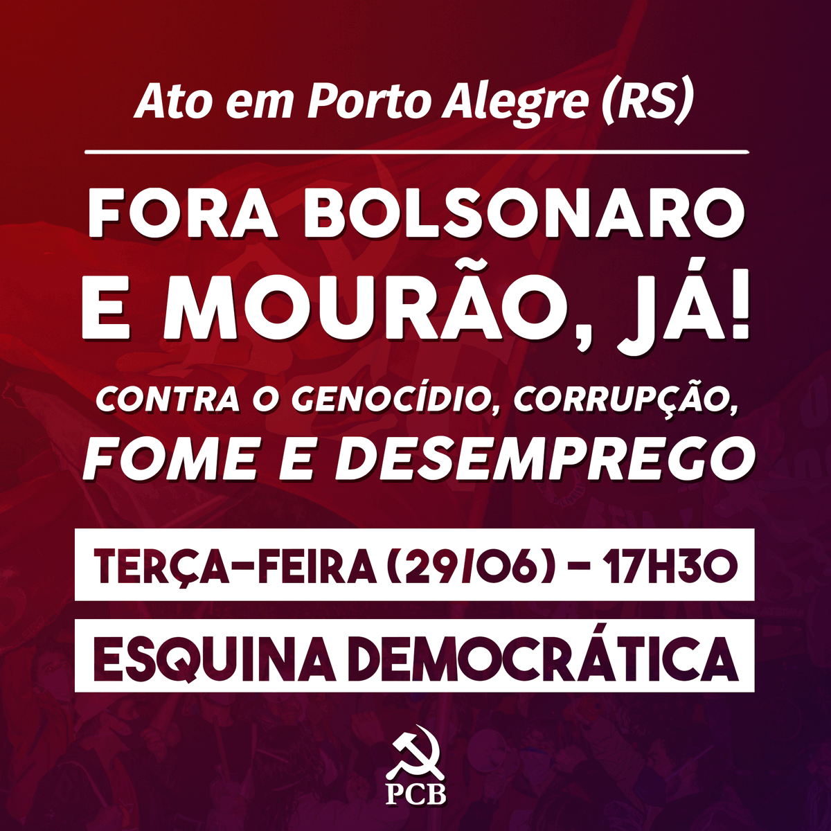 PCBPOA's tweet photo. Dia 29 VAMOS ÀS RUAS!

Ficou comprovado que o governo Bolsonaro/Mourão além das políticas de genocídio, lesa pátria e antipopulares é envolvido em práticas de corrupção relativas as compras vacina Covaxin e ter negado as vacinas da Pfizer diversas vezes. (1/2) https://t.co/TRGxs9Mj6J