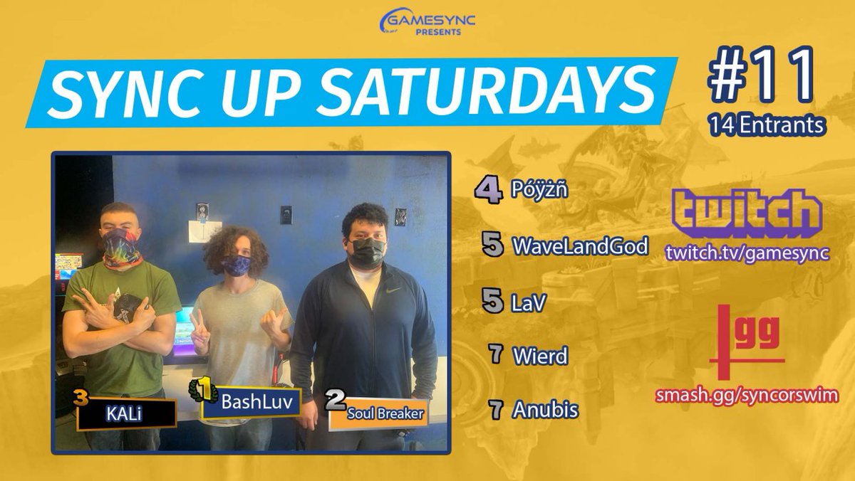 Sync up Saturdays #11 results! 
Pre-register for Sync or Swim Thursday tournaments: smash.gg/syncorswim
Join weekly Sync up Saturdays tournaments: smash.gg/syncupsaturdays
Brackets: smash.gg/tournament/syn…