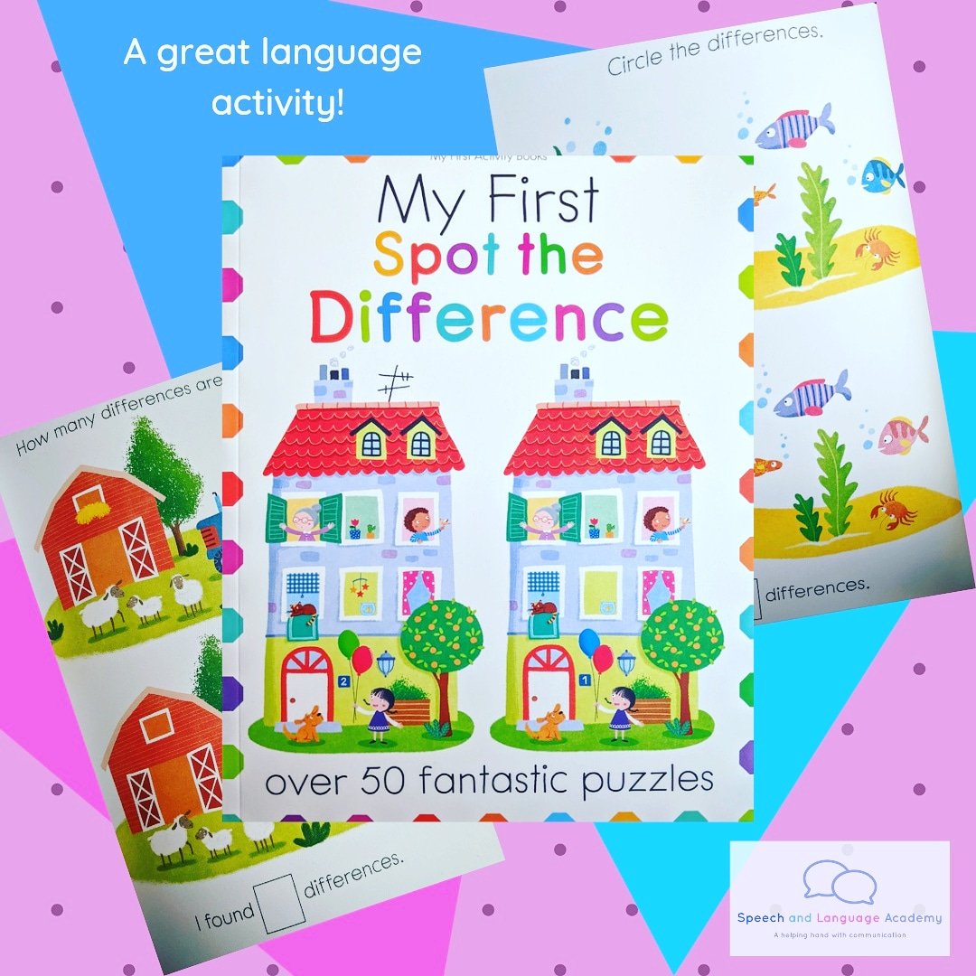 🔎🔎 Spot the difference encourages attention and listening skills, language concepts, vocabulary, sentence building, negation e.g. which one does not have an apple and questions like where and why.🔎🔎
 #speechtherapy #speechandlanguage #speechdelay #languagetherapy #slcntribe