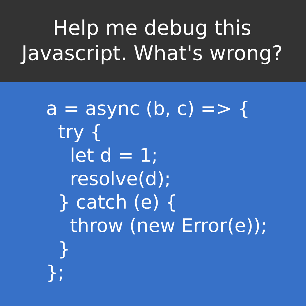 WeArePirple's tweet photo. Help me debug this javascript. What's wrong here?

#javascript #js #es8 #es7 #es6 #es5 #angular #reactjs #vuejs #coding #softwaredevelopment #code #learnToCode #programming #html5 #codingtutorial #python #java #node #github #javascriptengineer #javascripting https://t.co/jmGRkb0KQf