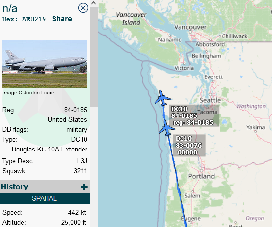 SirListenalot's tweet photo. 1735z #KC10's #AE0219 and #AE0214 as #RCH051-052 relocating from Travis to Eielson for an upcoming Coronet West drag (Korean #F15's?). Shown at 1840z is #KC135 #AE04FF as #RCH053 repositioning from Elmendorf to Yokota, Japan https://t.co/2yJGyJW6vx
