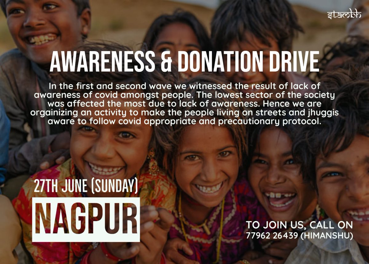 Stambh_org's tweet photo. Tomorrow we are organizing an awareness cum precautionary tools distribution drive in Nagpur. 
Meet up time: 11:20am 
Meet up point: Cotton Market jhuggi, below Ram Jhula, Cotton Market, Nagpur. 
Contact 77962 26439 for any querry
#NagpurFightsCorona #Maharashtra #COVID19 https://t.co/Y023HkJYVd