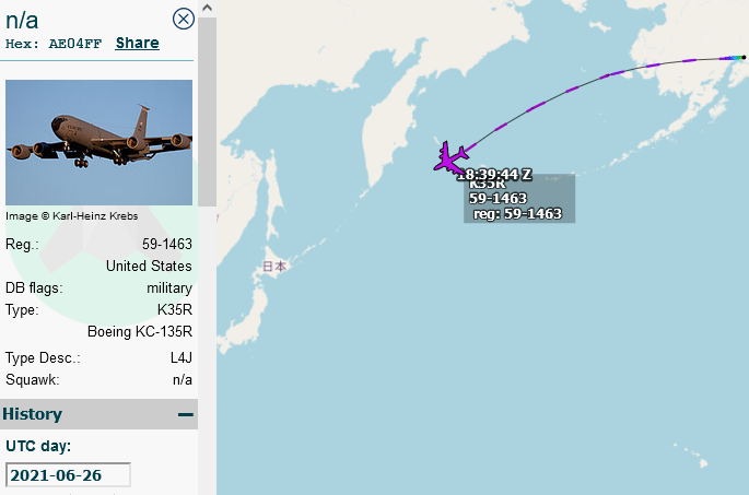 SirListenalot's tweet photo. 1735z #KC10's #AE0219 and #AE0214 as #RCH051-052 relocating from Travis to Eielson for an upcoming Coronet West drag (Korean #F15's?). Shown at 1840z is #KC135 #AE04FF as #RCH053 repositioning from Elmendorf to Yokota, Japan https://t.co/2yJGyJW6vx