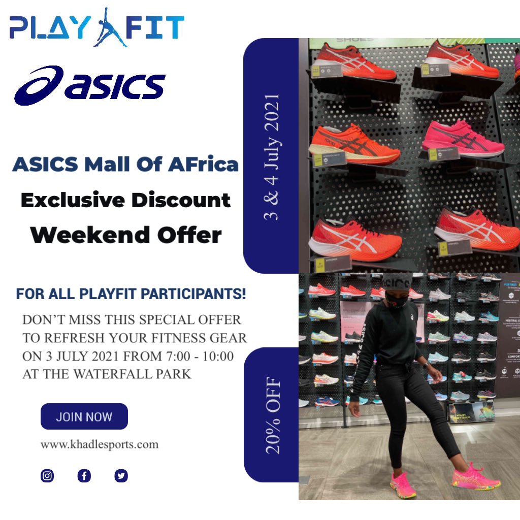 khadlesports's tweet photo. Refresh your fitness gear at the ASICS Mall Of Africa store. Shop ASICS gear at a 20% discount on the weekend of the PlayFit event when you join us. Offer only for the PlayFit participants. Don’t miss out. Looking forward to seeing you there....

https://t.co/IgsMvNmYz9 https://t.co/lZuGChabxF