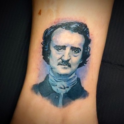 Drossartist's tweet photo. A little Poe portrait from the other day 
#bluetones #edgarallanpoe #portrait
#tattoo

#aztattoo #azartist #downtownphoenix #besttattoos
#bestofphoenix #loveandhatetattoo
#drossartist 
 #portraittattoo #blue #poeportrait https://t.co/PrvzpXMj5V