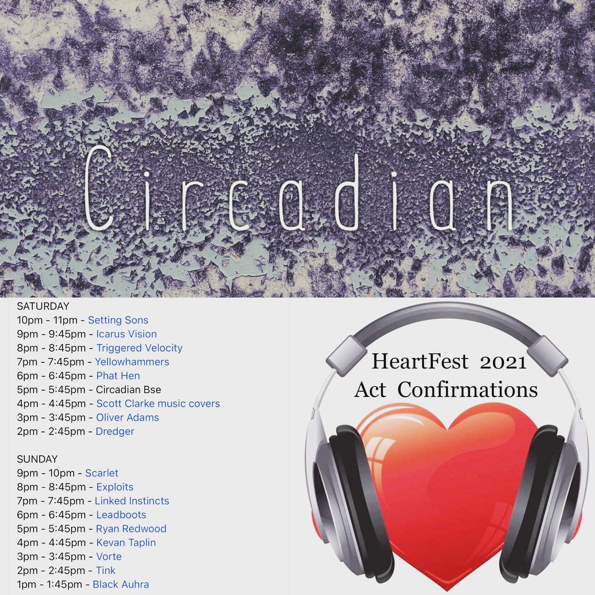 <a href="/CircadianBSE/">Circadian</a> will be playing at the Heartfest2021 at the Heartsease pub in Norwich on Saturday 23rd of October. #circadianbse #heartfest2021 #Norwich #musicfest #livemusic #music #bands #GIGS