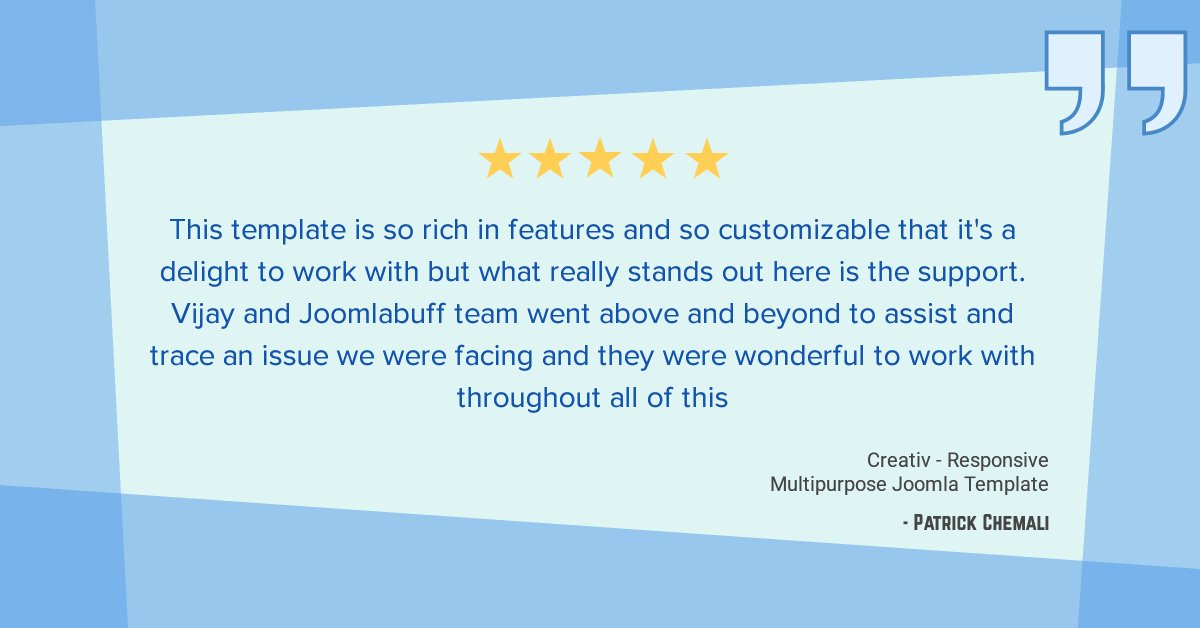 JoomlaBuff's tweet photo. 😍  Make a customer, not a sale 😍

Another 5-star rating for our Creativ #joomla template.

Download the product: https://t.co/GeP5JMXzXY

#customerexperience #customersatisfaction #joomla #joomla4all #web #webdesign #envato #themeforest #joomlabuff https://t.co/hTTm7FErTh