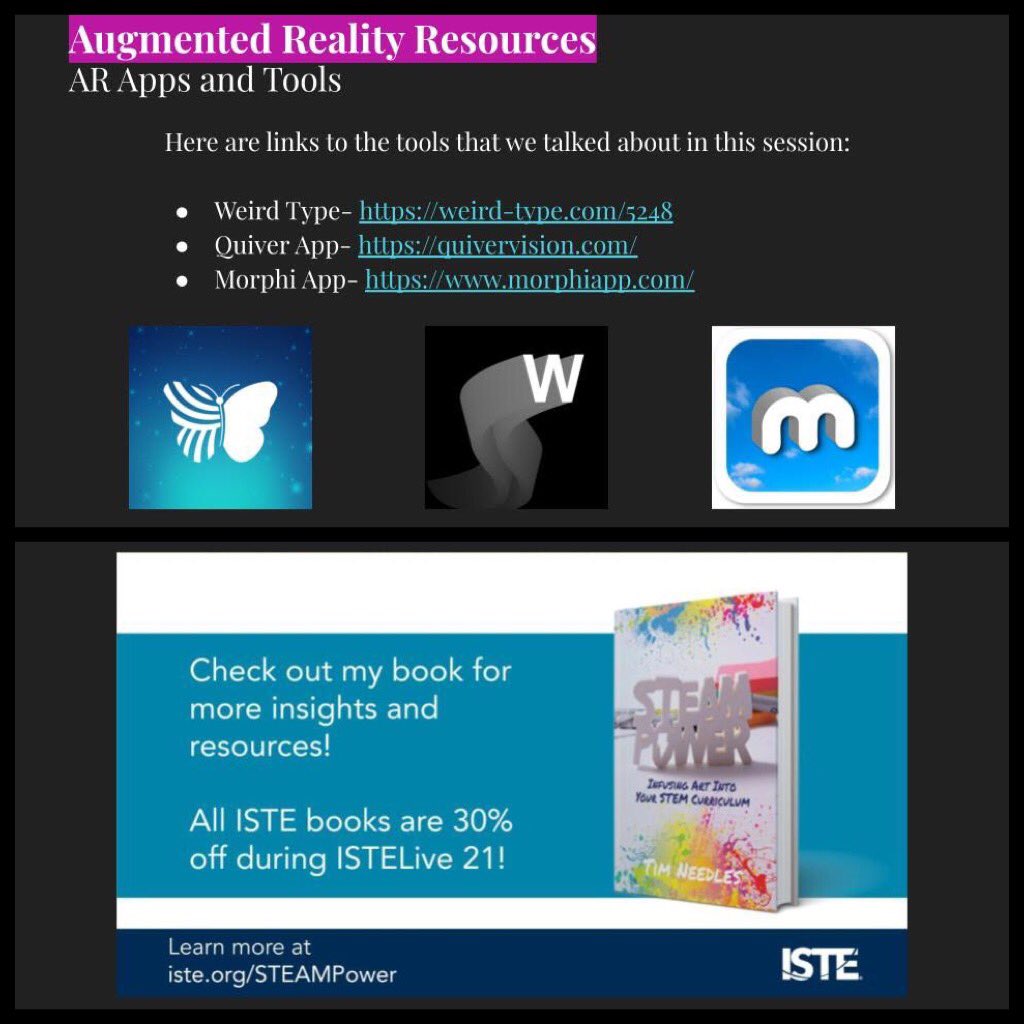 timneedles's tweet photo. Thanks to everyone who attended my #ISTELive session on creative writing &amp; art with #AugmentedReality today, here’s the tools we discussed that are great for beginners who want to experiment with #AR! https://t.co/xkGLqvoYbM