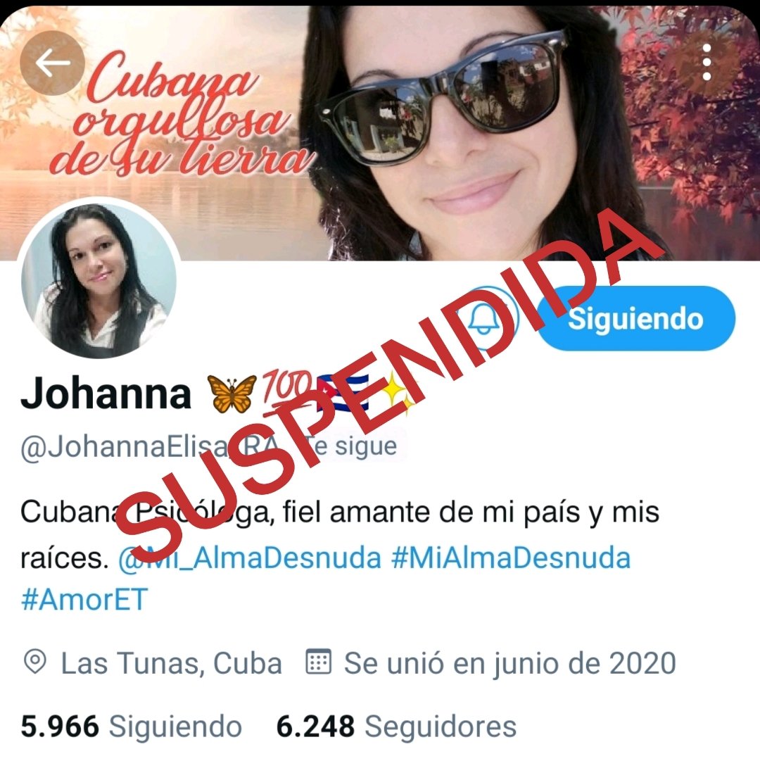 Twitter acaba de suspender mi cuenta @JohannaElisa_RA así que sigo por esta, con mis letras de amor, de Revolución y de orgullo por ser Cubana. #Cuba