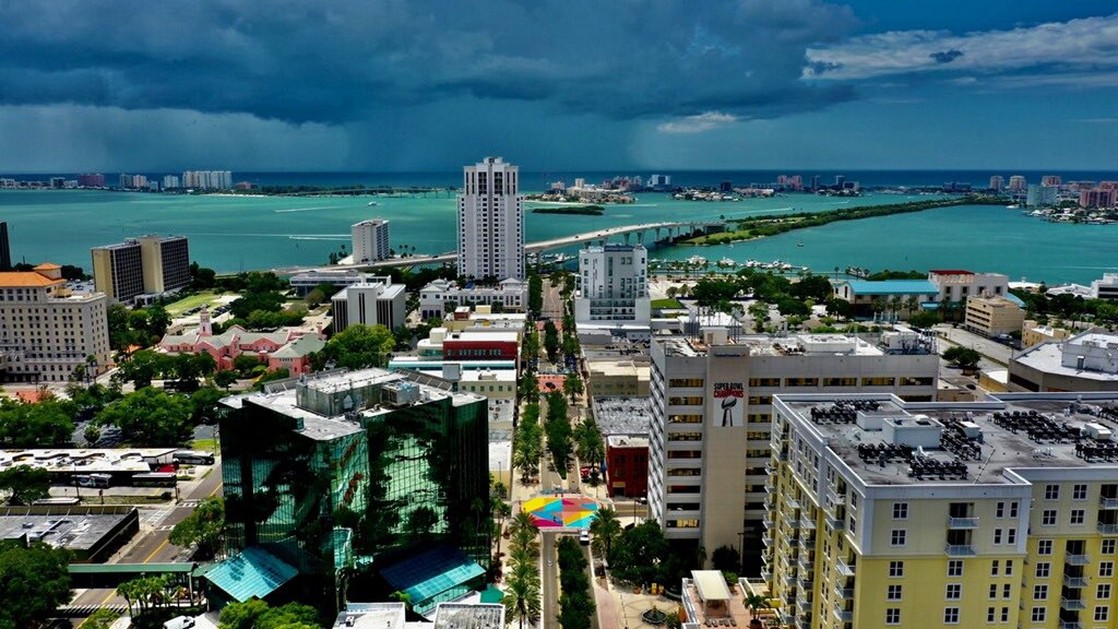 Aerial view of downtown Clearwater with the latest intersection mural and view of the waterfront