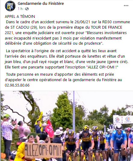 LeGruppetto's tweet photo. Sur sa page Facebook, la gendarmerie du Finistère a lancé un appel à témoin dans le cadre de l'ouverture d'une enquête judiciaire à l'encontre de la spectatrice qui a provoqué la chute de Tony Martin. La personne a quitté les lieux avant l'arrivée des enquêteurs. #TDF2021 https://t.co/M9Z2Q59Urg