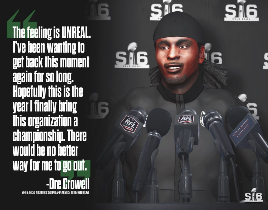 RFL_Sim_League's tweet photo. Dre Crowell is more than excited to compete again in the Relo Bowl. Will he finally win a championship in his final season as a starter for CT? Find out tomorrow at 8pm ET! #RFL #Season6 #ReloBowl #PressConference #Playoffs #Football #PS5 #Madden #Madden21 #Esports #LeagueFirst https://t.co/cfnpALKOqx