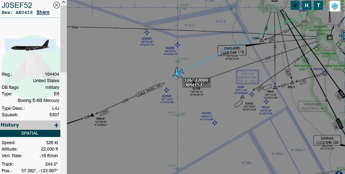 EightOneECHO's tweet photo. US NAVY E-6B 164404 as JOSEF52 airborne from Travis AFB now wkg ZOA Sector 35 (HIGH) 134.15 MHz requesting to hold at BEBOP waypoint at FL220 and make continuous left-hand turns and will advise when ready to go 'DUE REGARD'. #baymilcom #VQ4 #TACAMO https://t.co/a1r4ballNL