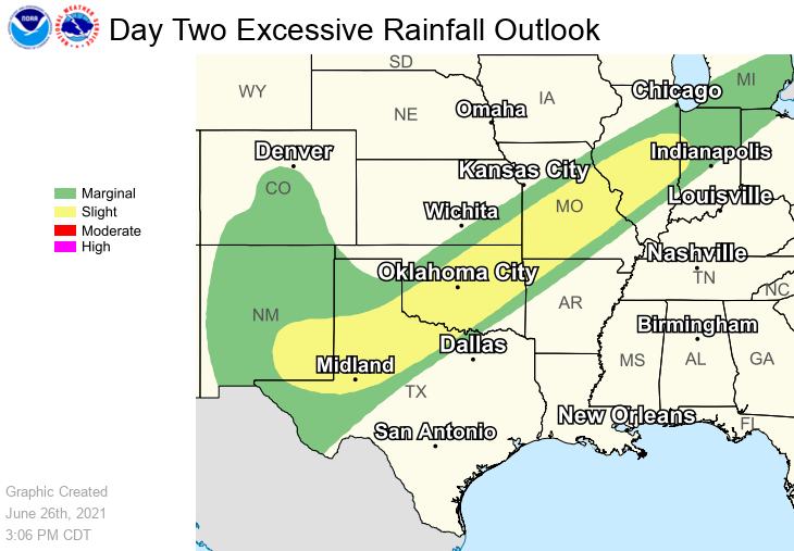 NWSWPC's tweet photo. The active stretch of heavy rain will continue through at least Tuesday in the Midwest and Southern Plains as a stalled front focuses ⛈️ over the region. Multiple days of heavy rain over the same location may lead to scattered flash floods, particularly in the Slight Risk areas. https://t.co/ymTfu4wSlG