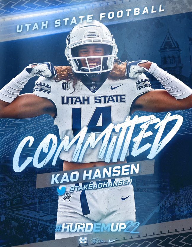 takeaohansen's tweet photo. I’m excited to announce that I am committed to Utah State University. Big thanks to the staff and everyone involved in my recruitment.@CoachP_UtahSt @CoachBanda @CHbanderson @USUFootball https://t.co/IT757Qrrbw