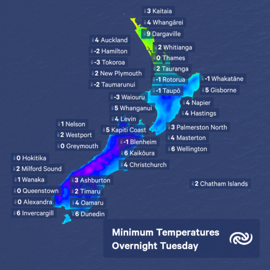 MetService's tweet photo. Here's an illustration of how the cold air sweeps up the country during Monday and Tuesday. These are the forecast overnight minimum temperatures for close to dawn Tuesday and Wednesday. Particularly evident is how the colour graphic shows the cold air moving north. ❄🌨💨🥶 ^AB https://t.co/ld58wspkGs