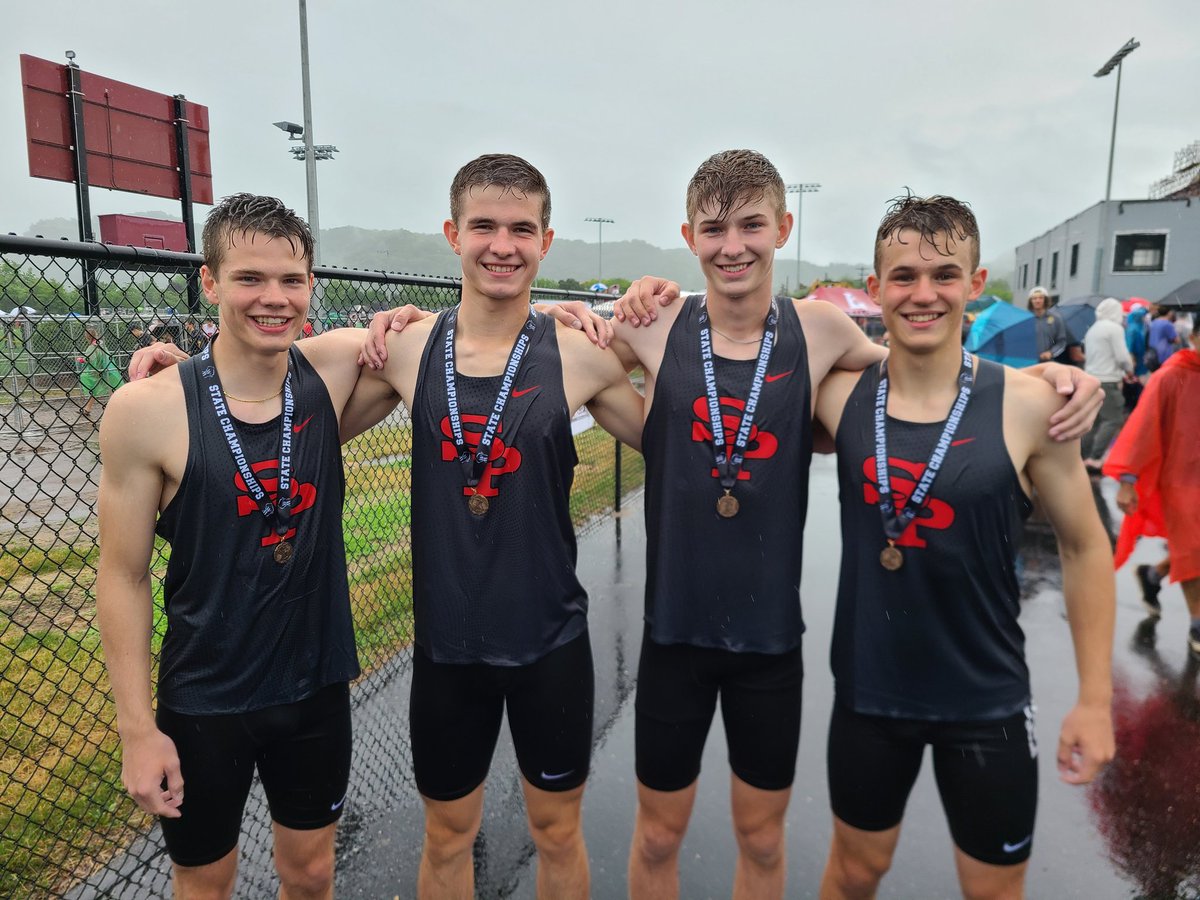 800 Meter Relay races through a downpour to reach the podium in 6th place!!  @Quinton46236460, <a href="/NateStreveler/">Nate Streveler</a>, <a href="/CarterKoch5/">Carter Koch</a>, <a href="/Matthew30962173/">Matthew</a>