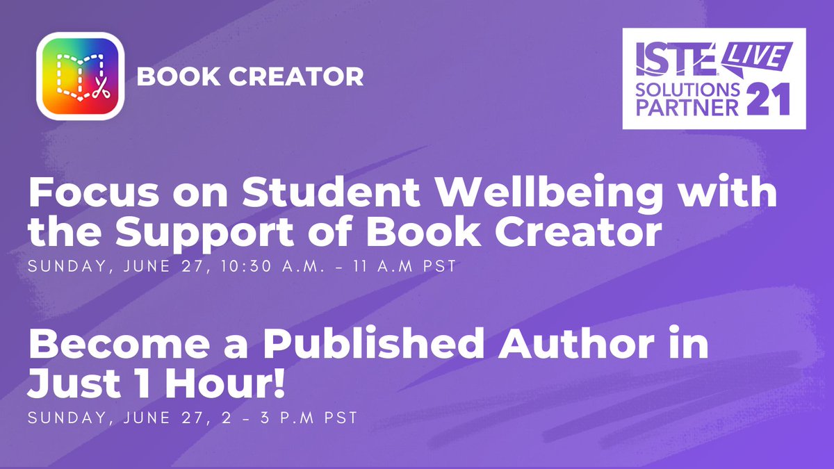 We hope you enjoyed the first day of #ISTELive!

Join us tomorrow for 2 special live sessions:
💛 Focus on Student Wellbeing with the Support of Book Creator (hubs.la/H0R1TlB0)
✍️ Become a Published Author in 1 hour! (hubs.la/H0R1TlC0)

We'd love to see you there!