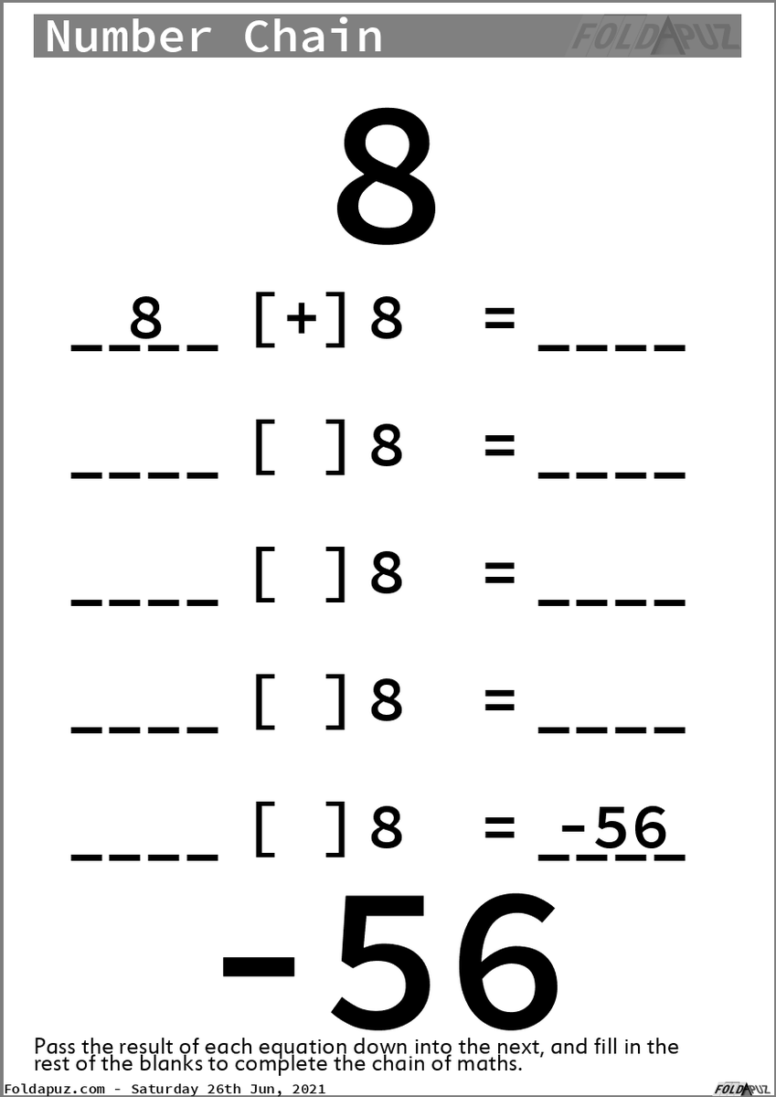Jayenkai's tweet photo. Can you make six 8s equal minus 56?
Number Chain, and hundreds of other puzzles like it, are freshly generated every single day, at https://t.co/X3WyUkb9KV
Print - Fold - Play : #Printable #Puzzle, #Foldapuz https://t.co/22vCri4QQr