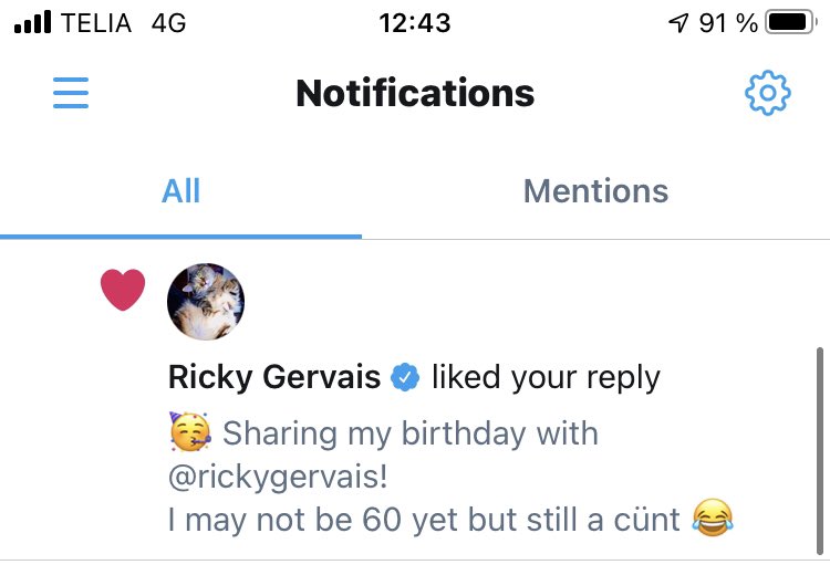 Happy to get a notification that my birthday buddy Ricky Gervais liked my message 