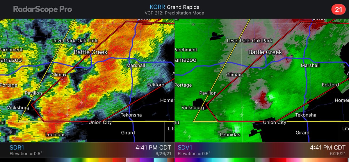 rzweather's tweet photo. Likely #BWER visible on the KGRR radar just south of Battle Creek, Michigan. Probably a sizable tornado happening in Kalamazoo County. https://t.co/kHngR6blyR