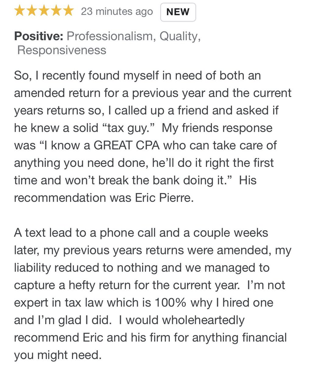 PierreCPA's tweet photo. Very thankful for the most recent five star review we received from a client of ours today in San Diego! Makes all the hard work that much sweeter! #TaxTwitter #MyCPAISBlack #sandiegocpa #austincpa #losangelescpa https://t.co/98pIUXFUti