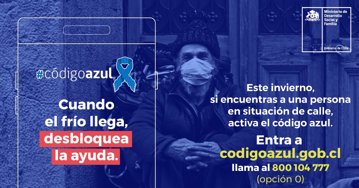 🔵Activamos #CódigoAzul en Los Andes, Los Ángeles y Región Metropolitana para proteger a personas en situación de calle de bajas temperaturas q ponen en riesgo su vida. Desbloquea la ayuda, actívate y alertanos si ves a alguien q nos necesite a 800104777 o codigoazul.gob.cl