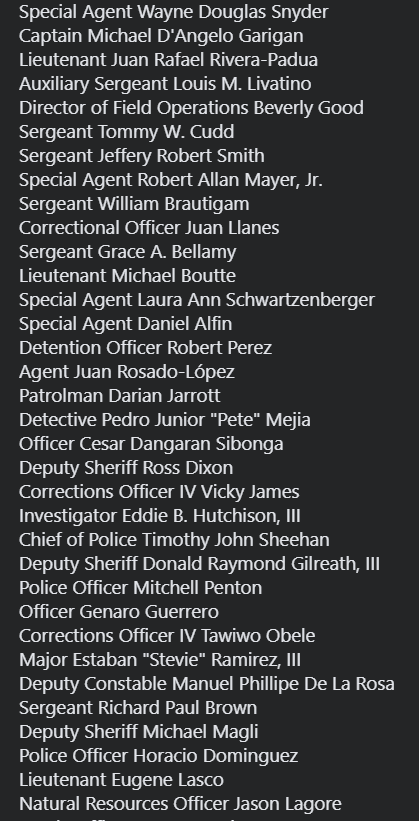 Just in case someone out there doesn’t know this. In 113 days we lost 103 law enforcement officers in the line of duty. There were also 3 Police K-9’s killed. Many in America don’t know their names. Here they are...