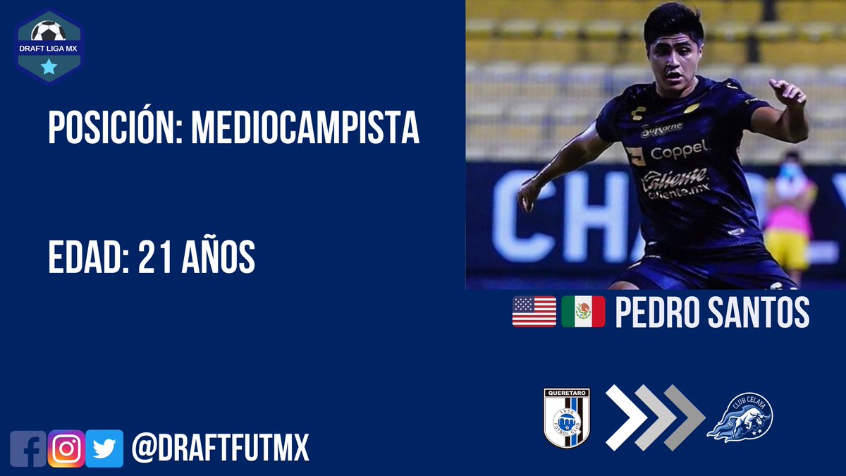 DraftFutMX's tweet photo. OFICIAL.

Pedro Santos es nuevo jugador del Club Celaya. Llega procedente de Querétaro FC. 🇺🇸⚽️🇲🇽

➡️ La última temporada estuvo a préstamo en Dorados de Sinaloa. https://t.co/bA5MTigzHk