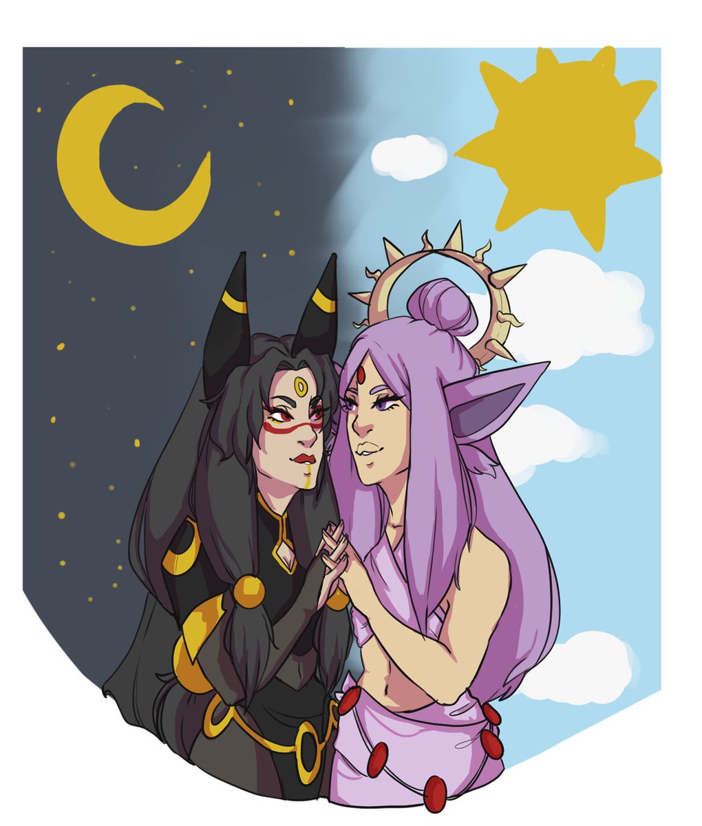 AstrocatArt's tweet photo. Trying to redraw old art because I can’t stop making new ocs. Originally made these designs for cosplay, I might keep the upgrade and make new designs. #pokemon #digitalart #umbreon #espeon https://t.co/pfWR9uj6cK