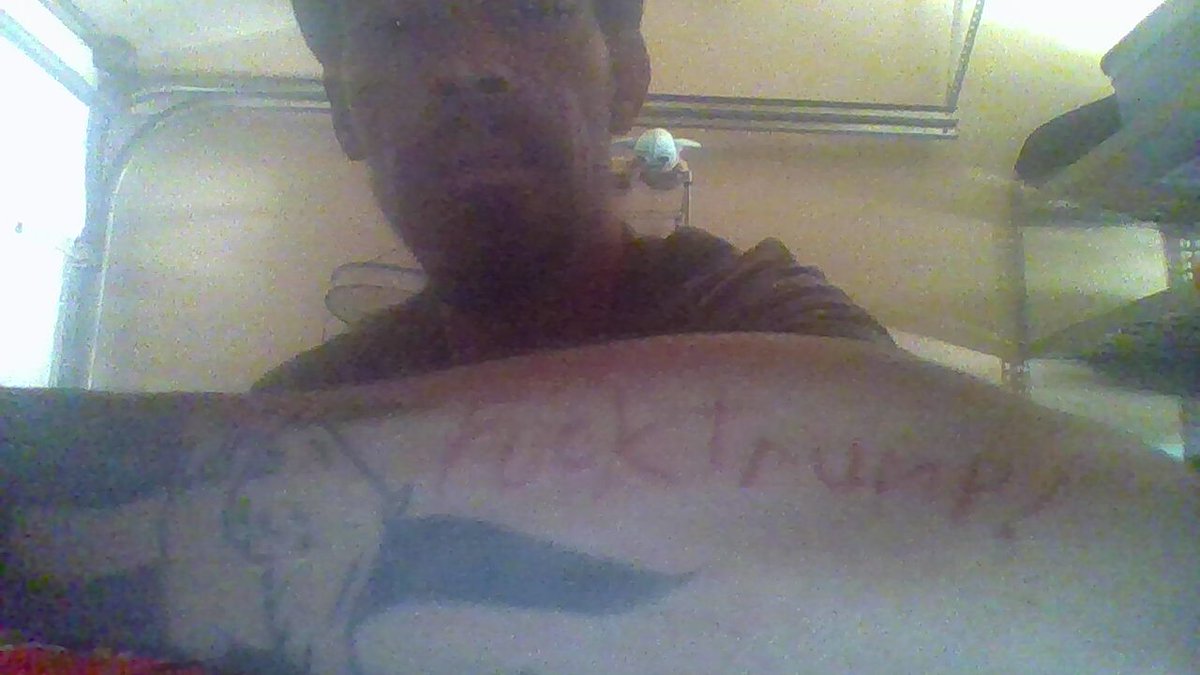 PMike134's tweet photo. I think my "fuck trump!" tattoo needs a touch-up,.. I did it fast, and it faded in the Cali sun,....  this one tattoo has gotten me in hot-water, and notions of respect,... this one tat says a lot, in just two simple words.   :)   #BLM https://t.co/OF83YHJvkR