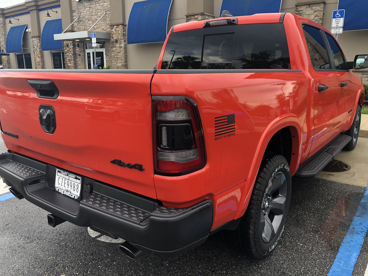 VeteranInsights's tweet photo. Love my new @RamTrucks 1500 #CrewCab #BigHorn 4x4 Limited Edition Military Edition: Built to Serve Edition which adds #OffRoad Suspension and a Raised Chassis, Blacked Out and amazing wheels in a #SpitFireOrange color limited to 500! #BuiltToServe #CoastGuard #USARMY #IGY6 #WWP https://t.co/ShKlevEVSa