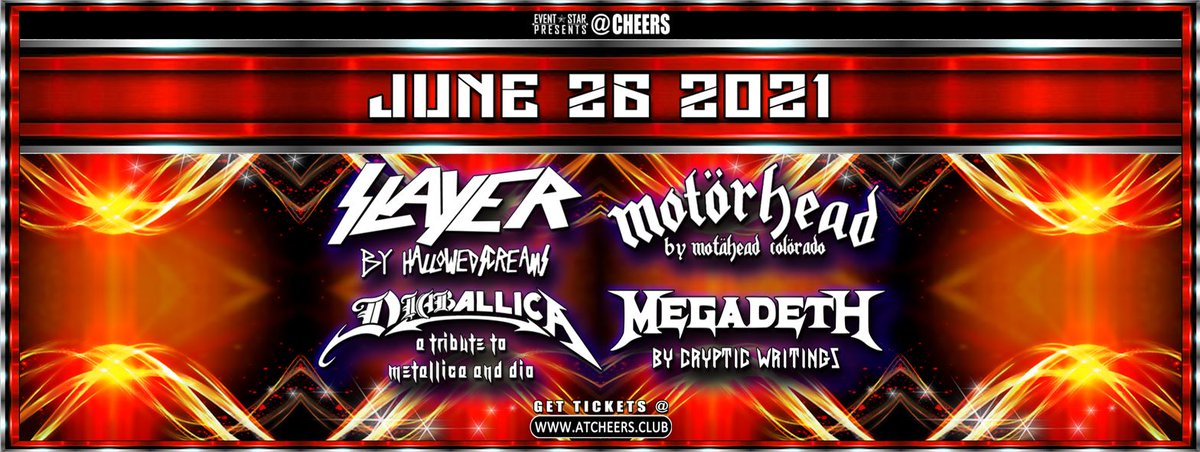 Tonight @AtCheers #Slayer #Motahead #Metallica #DIO & #Megadeth #TributeBands / Saturday, June 26th 2021 Doors at 7pm / For #Tickets click link bit.ly/SlayerMotahead… #atCheers #Northglenn #Thornton #LiveBands #RockShow #LiveMusic #LiveBands #MetalMusic @EventsColorado @der60mn