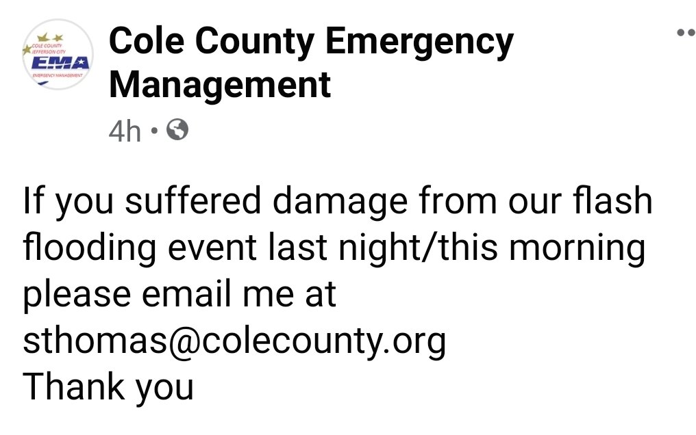 Carrie Tergin (@carrietergin) on Twitter photo Important message from Cole County Emergency Management for those impacted by the flash flooding. <a href="/ColeCountyEMA/">Cole County Emergency Management Agency</a> Important message from Cole County Emergency Management for those impacted by the flash flooding. <a href="/ColeCountyEMA/">Cole County Emergency Management Agency</a>