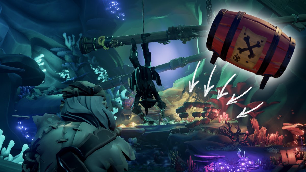Sea of Thieves A Pirates Life game image with Jack Sparrow and a pile of gunpowder kegs ready to explode!