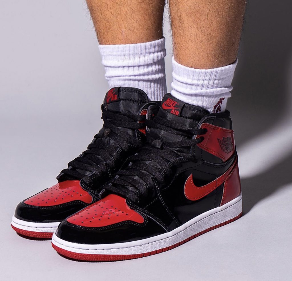 saint's tweet image. On-Foot Look: Air Jordan 1 High OG “Bred Patent”