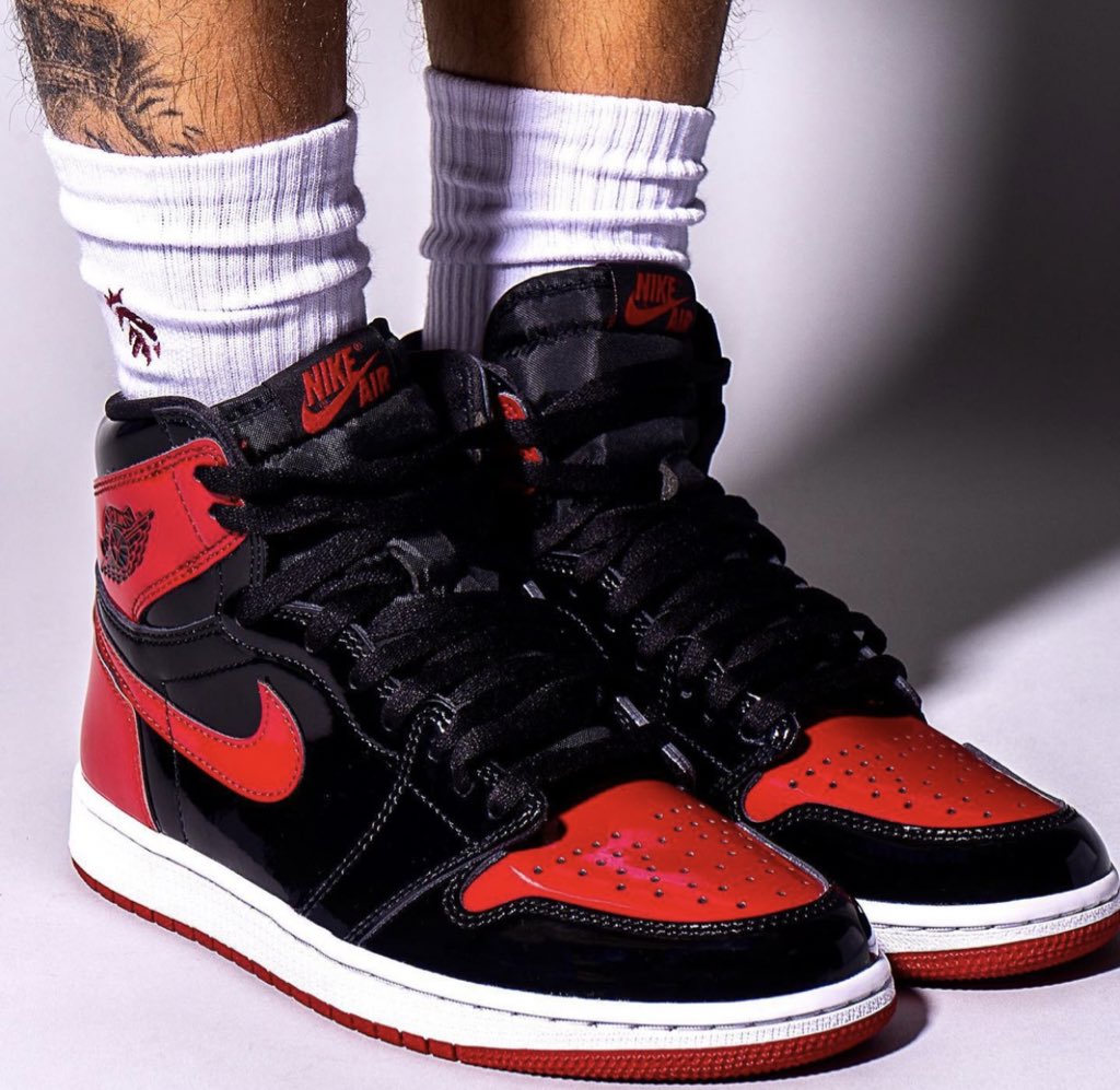 saint's tweet image. On-Foot Look: Air Jordan 1 High OG “Bred Patent”