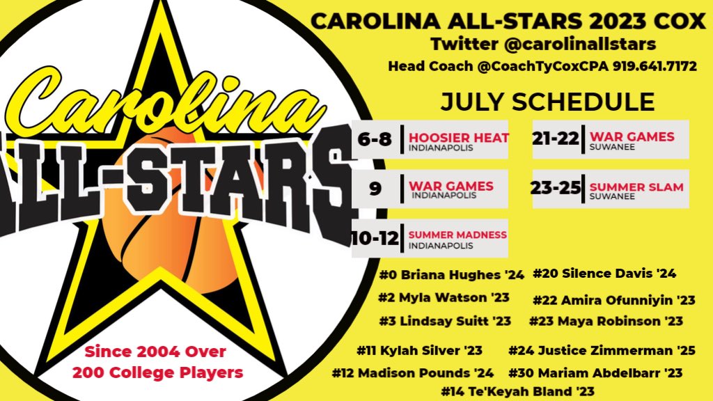 See you in Indianapolis in July 6-12 and Atlanta July 21 - 25. Come check us out! #CAROLINAALLSTARS #COMMITTEDTOTHEGAME