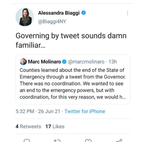 SoupandtheCity's tweet photo. So Cuomo tweets basic stuff(or his media team do) twice a day. Biaggi is always tweeting, telling off consitutents,and here she is tweeting and agreeing with Marc Molinaro. Biaggi is a dem, Molinaro is GOP. Think about it. https://t.co/7mApHtGpXv