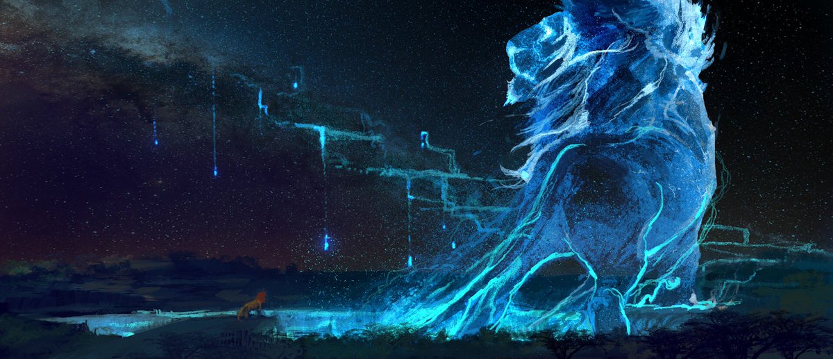VanceKovacs's tweet image. “Simba Talks With Mufasa” aka “Galactic Mufasa” visual development for “The Lion King” 🦁 👑. Pitched as a possible option for Simba’s vision of his father. I liked the idea that Mufasa would be made of star material as he climbed a stairway to be among the other stars.