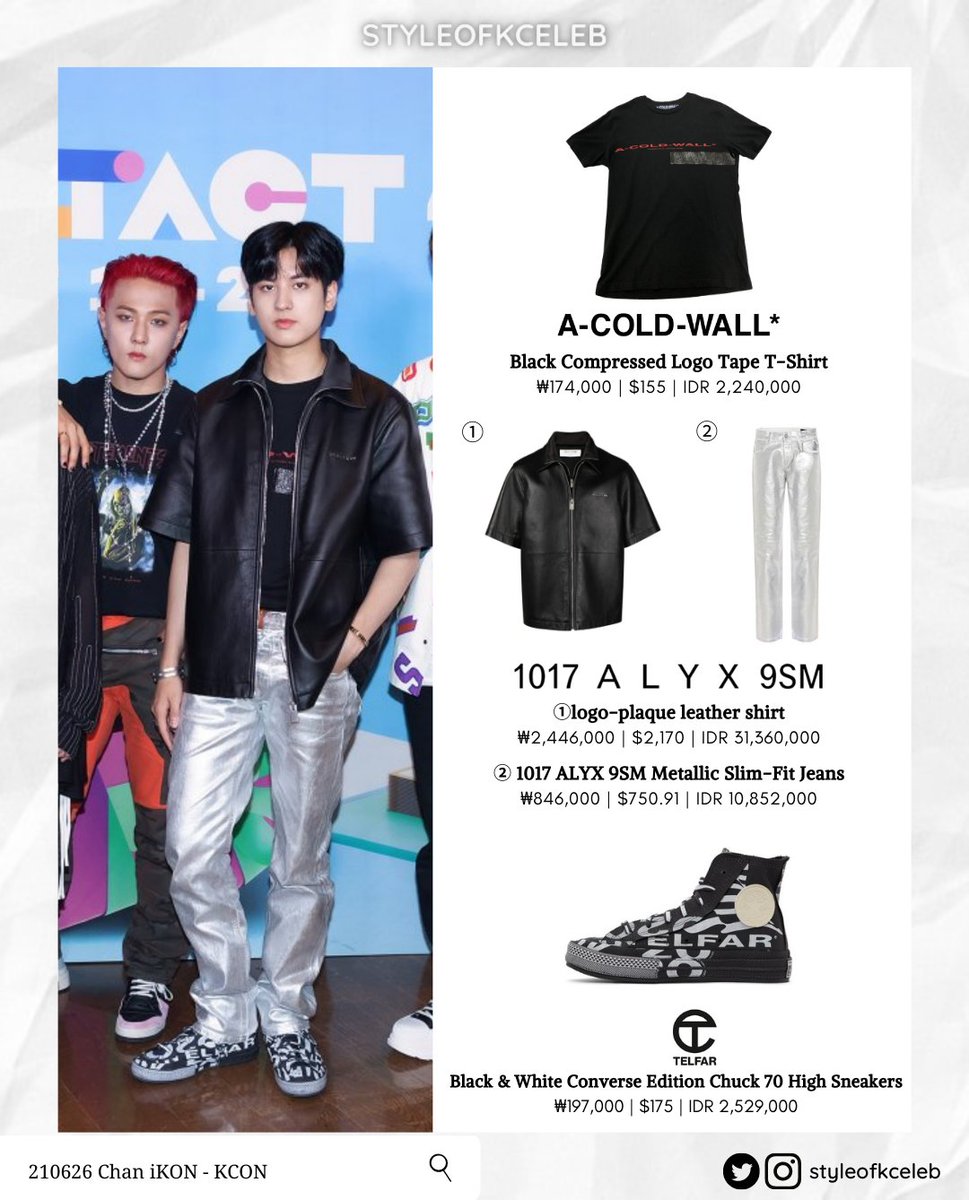 styleofkceleb's tweet photo. 210626 Chan iKON - KCON
A-COLD-WALL* - Black Compressed Logo Tape T-Shirt
$155
Brand : 1017 ALYX 9SM
logo-plaque leather shirt
$2,170
Metallic Slim-Fit Jeans
$750
TELFAR - Converse Edition Chuck 70 High Sneakers
$175
#iKON #μμ΄μ½
#Chan #Chanwoo #μ°¬μ° #μ μ°¬μ°
#Styleof_iKON https://t.co/kBRKqx2H6U