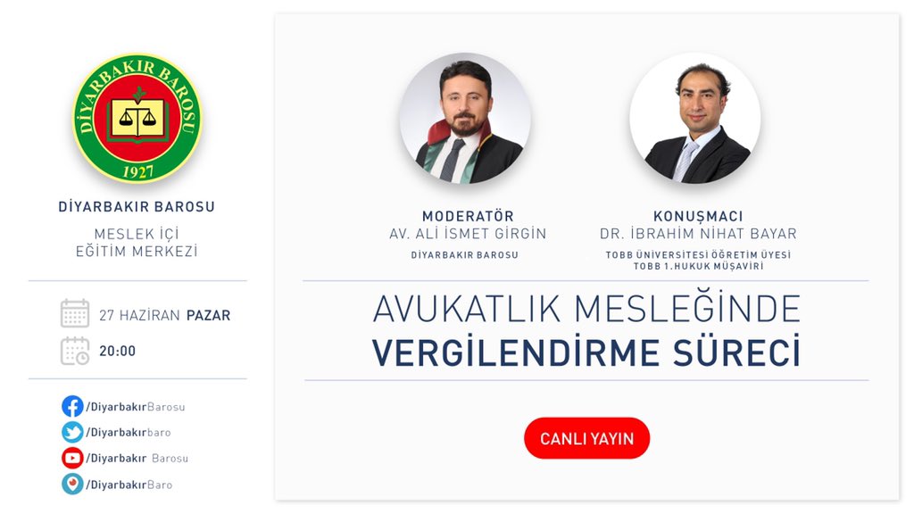 Tür: Canlı Yayın

Konu: Avukatlık Mesleğinde Vergilendirme Süreci

Düzenleyen:  <a href="/Diyarbakirbaro/">Diyarbakır Barosu</a> 

Konuşmacı: İbrahim Nihat Bayar

Tarih: 27.06.2021

Saat: 20.00

Katılım: hukuktakvimin.com/etkinlikler/av…

#hukuktakvimin #avukatlık #vergi #vergilendirme #süreç #hukuk