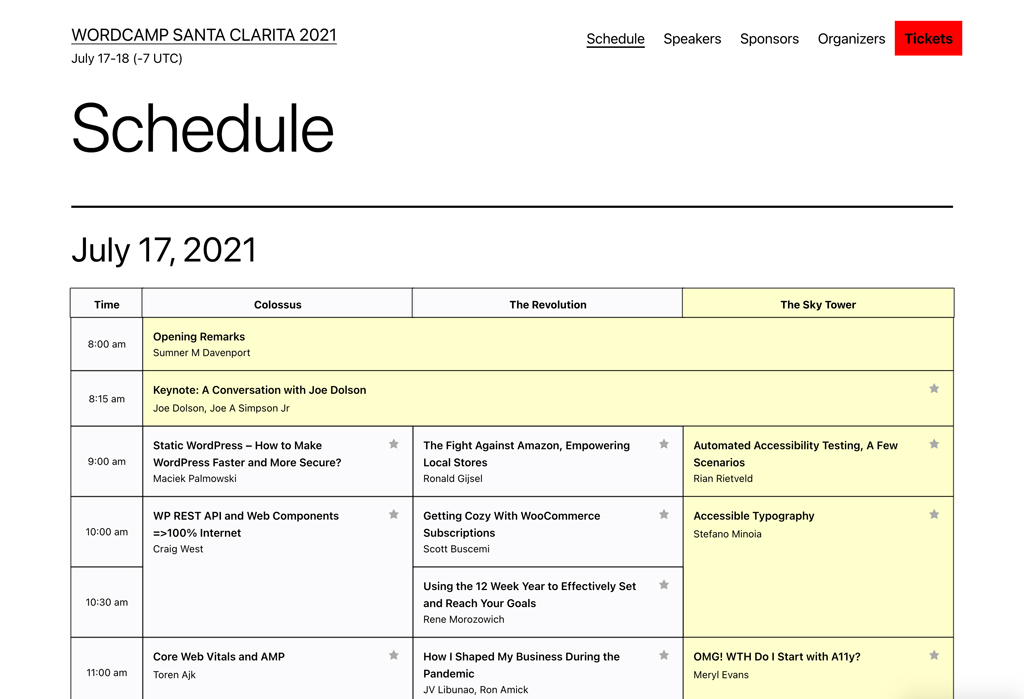 WordCampSCV's tweet photo. ON SCHEDULE: We're excited to announce an incredible lineup of speakers for this year's @WordCampSCV. Thanks so much to all those who submitted topics. Join us as we share all things @WordPress and a dedicated Accessibility track. Full schedule, tickets at https://t.co/20gfOQI5zq https://t.co/Cw8q976EgE