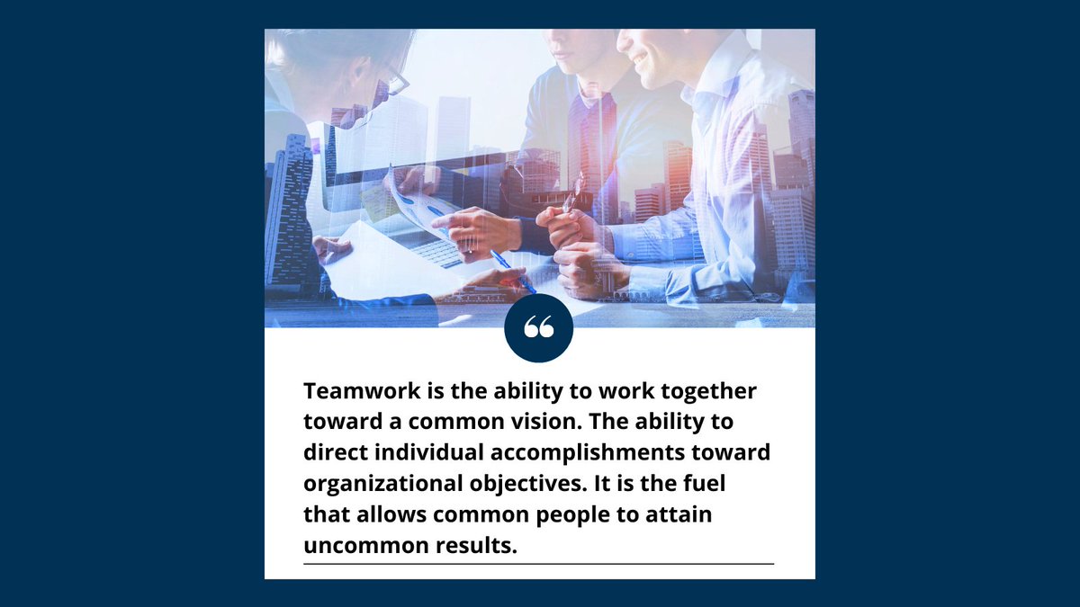 Employertube's tweet photo. Teamwork is the ability to work together toward a common vision. The ability to direct individual accomplishments toward organizational objectives. It is the fuel that allows common people to attain uncommon results.

#employertube #teamwork #collaboration #management #motivation https://t.co/9tUPfJESHM